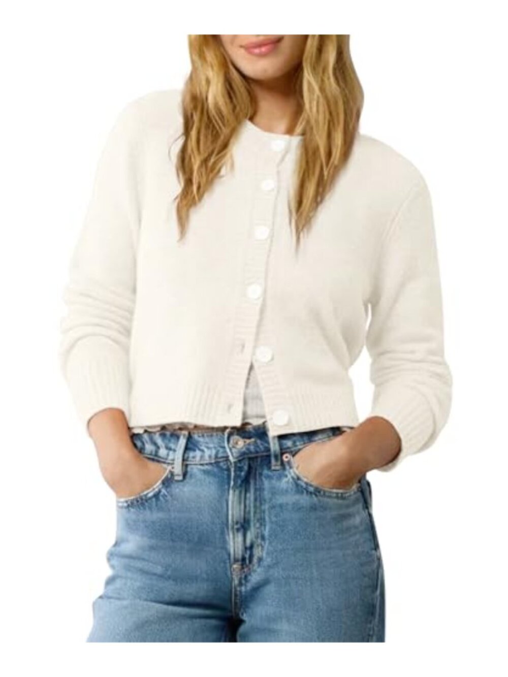 Knit Cropped Cardigan Sweater Long Sleeve Open Front Button Down Pearl Buttons
